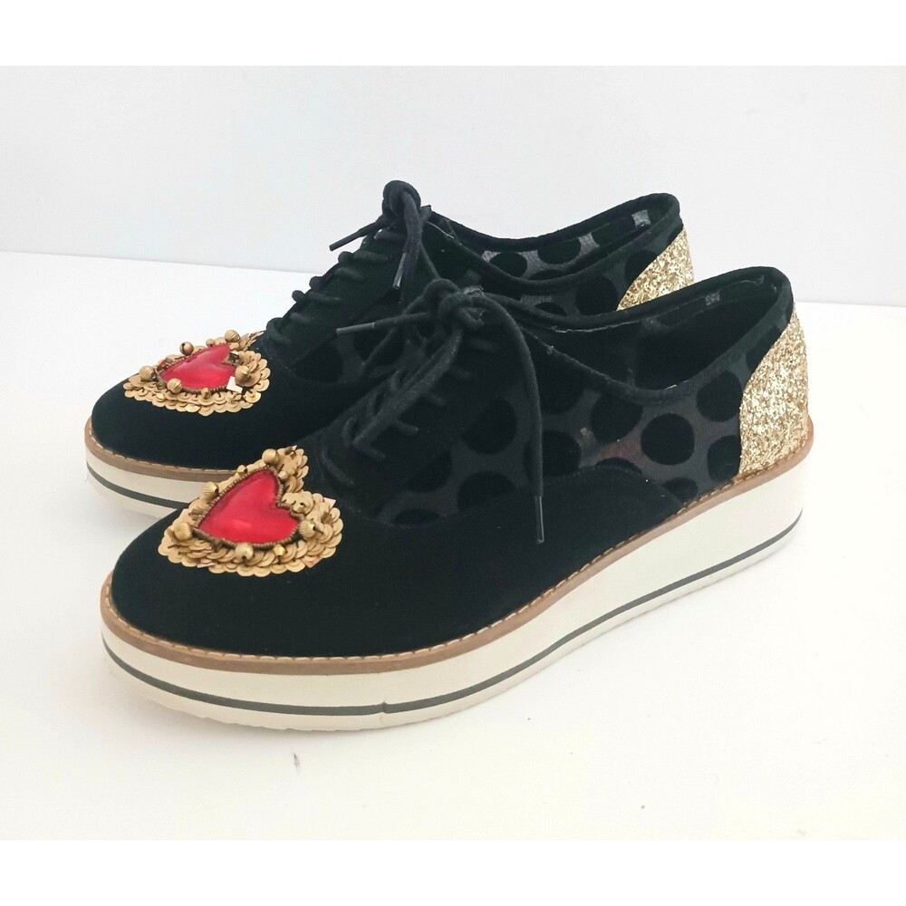 Betsey Johnson Winnie Platform Lace Up Oxford Blk Suede/Mesh Gold Sequin Heart